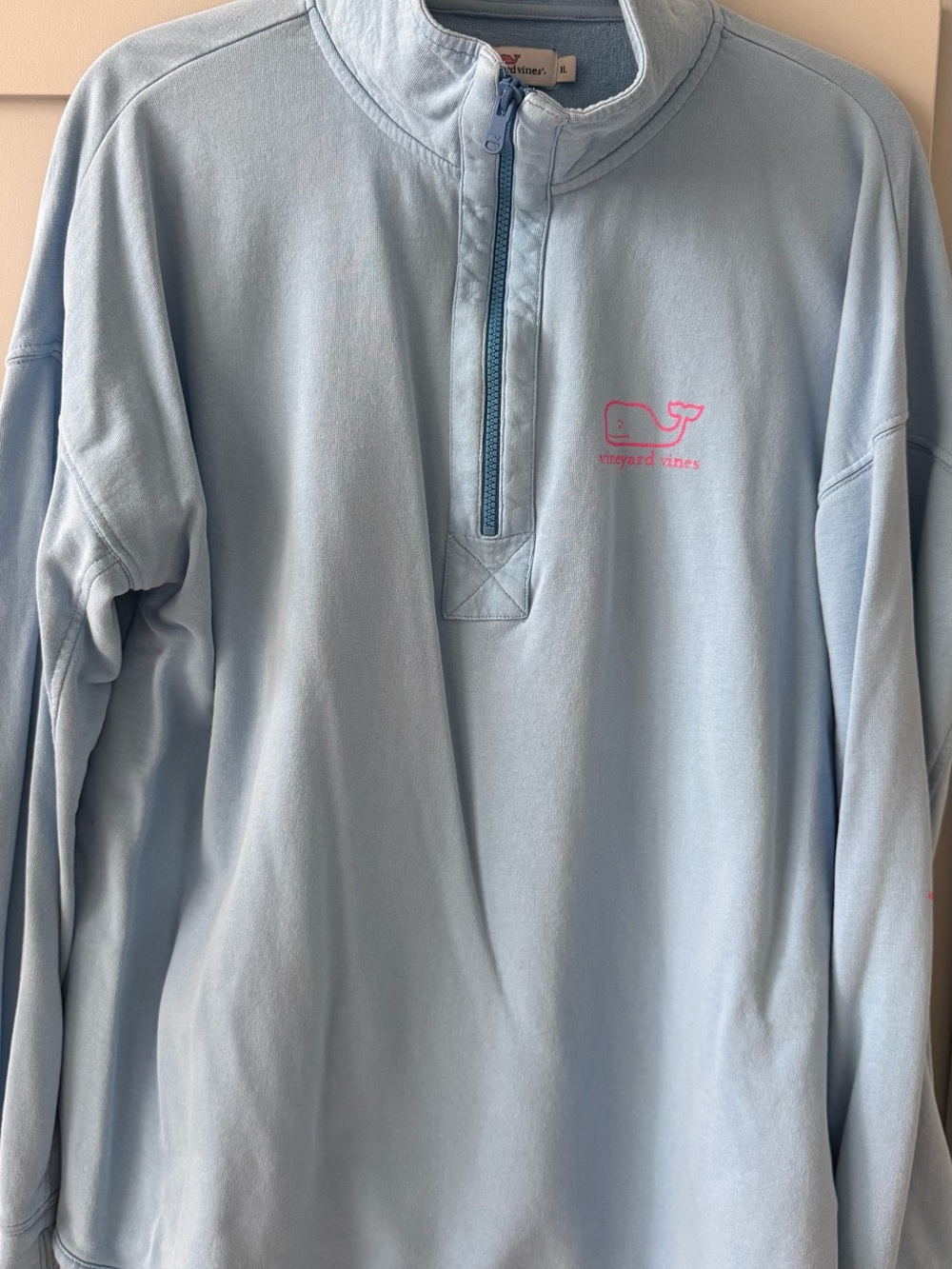 Vineyard Vines Light Blue Quarter-Zip Pullover with Pink Whale